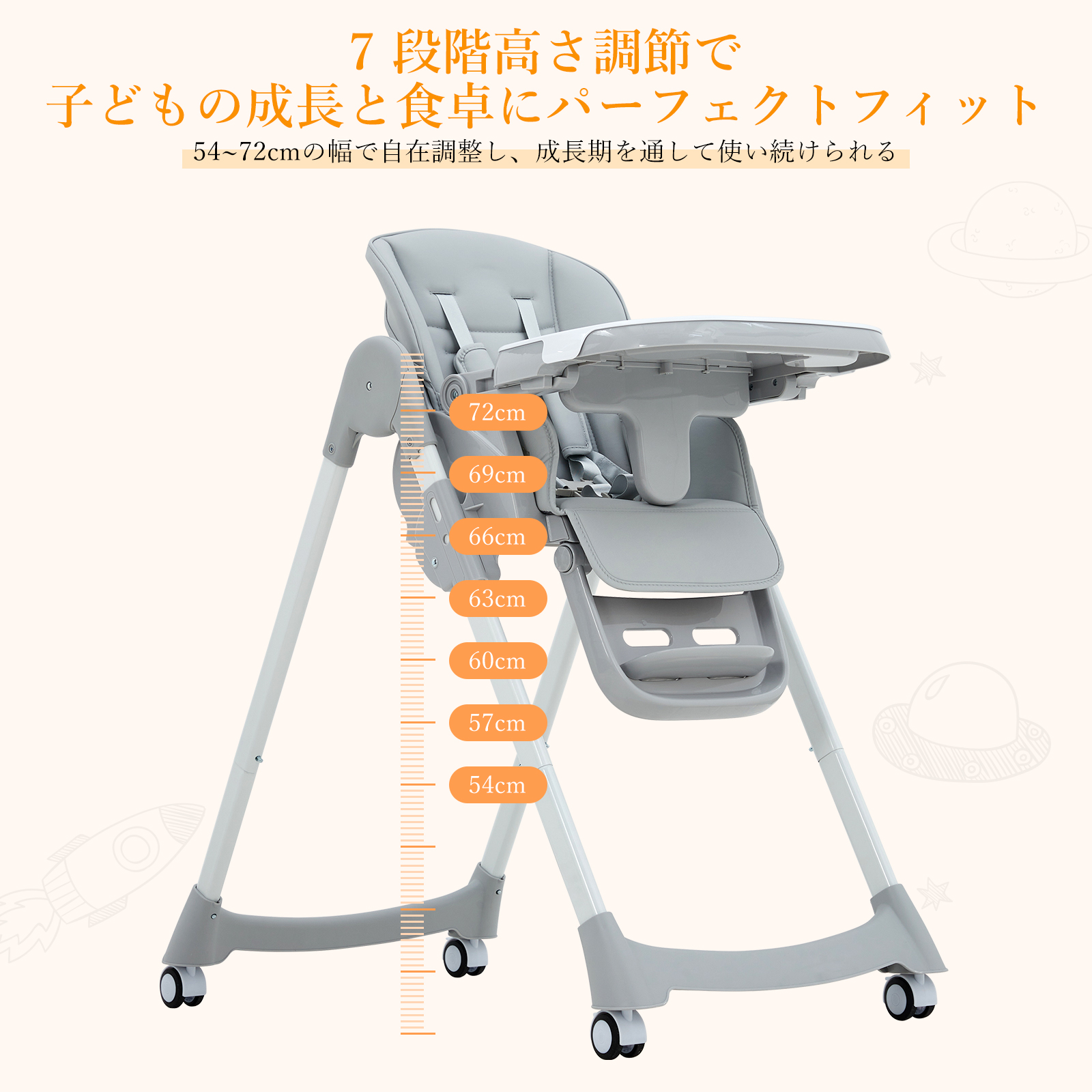 Thinkmax ベビーチェア ハイチェア 折りたたみ ローチェア キャスター付 高さ調節 離乳食 子供用 H25 - 画像 (6)