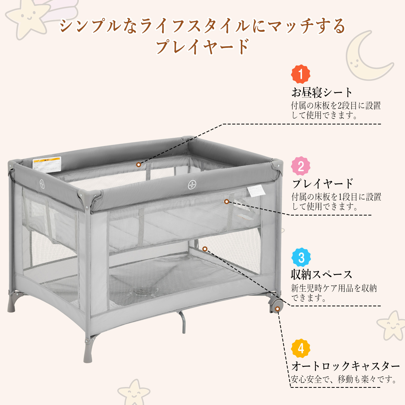 Thinkmax プレイヤード 折りたたみ 長く使える プレイヤード キャスター 持ち運び - 画像 (3)